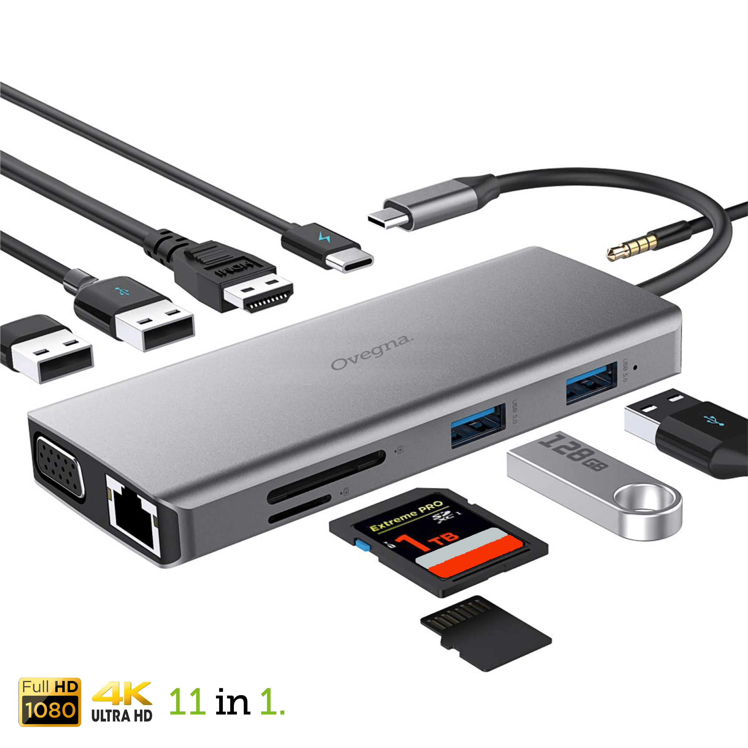 Ovegna PL001: USBC 11 in 1 Hub, Aluminum Alloy Abs, USBC to HDMI 4K Adapter, VGA, PD 100W, 4 USB 3/2 Ports, SD & Micro SD Card Reader, RJ45, USB C Dock for Tablet, MacBook / Air , Laptop