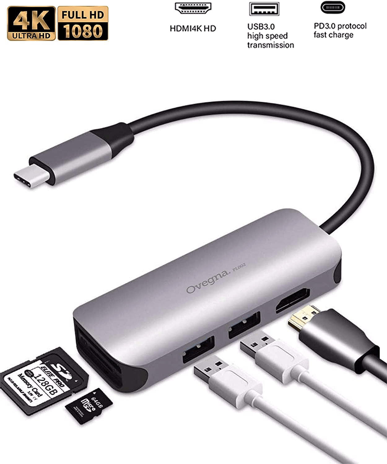 Ovegna PL002: Aluminum Alloy Hub USBC 5 in 1 Hub, with USBC to HDMI 4K Adapter, 1 USB 3 Port, 1 USB 2 Port, Card Reader / Micro Card